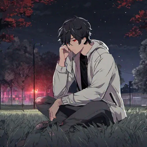 Prompt: Damien (male, short black hair, red eyes) in the park at night, casual outfit, dark out, nighttime, midnight, on his knees, screaming in pain, hands on his head