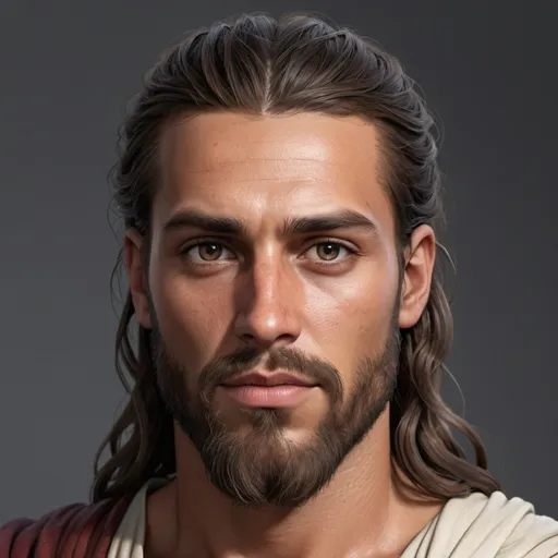 Prompt: hyper-realistic 30 year old human male, he has tanned skin, he has long brown hair often kept in a man bun, he has long beard, kind of looks like how Jesus is described, he is skinny not very muscular,  fantasy character art, illustration, dnd,