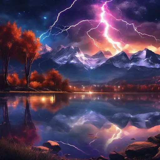 Prompt: + night, A fantastic scenery of the sky at night with colorful stars and lightning and a lake where the sky is reflected, whipers of wind, high mountain range in the background, intricate beautiful trees on the sides, dramatic, very attractive, award winning, wallpaper, crisp quality