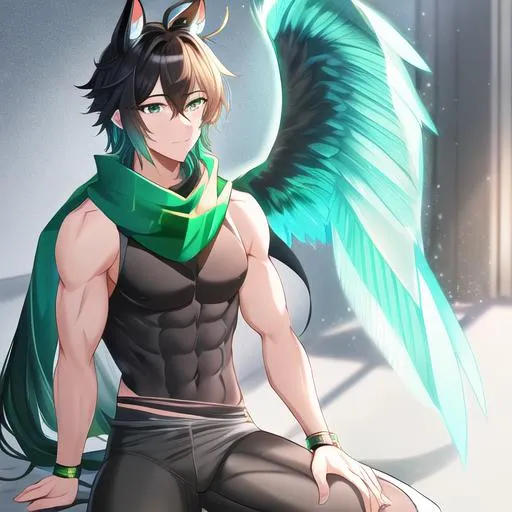 Prompt: Male. masculine build. human animatronic hybrid, with focused emerald eyes. Emerald colored feathery PEGASUS tail. Short dark Green ombre hair. horse ears. adult He wears grey comfy leggings, a white oversized sweater, brown boots. And a green scarf. Anime style. UHD, HD, 4K