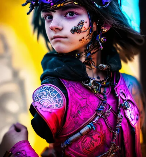 Prompt: Girl  with gray hair and colorful facial tattoos, in the style of futuristic settings, violet and bronze, robotics kids, photorealistic fantasies, schlieren photography, medieval fantasy, close-up shots