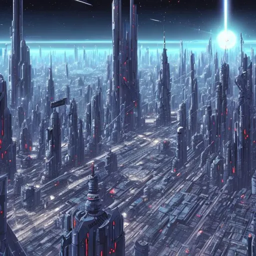 Prompt: Ultra-detailed sci-fi city like  Evangelion and Star Wars cities.
