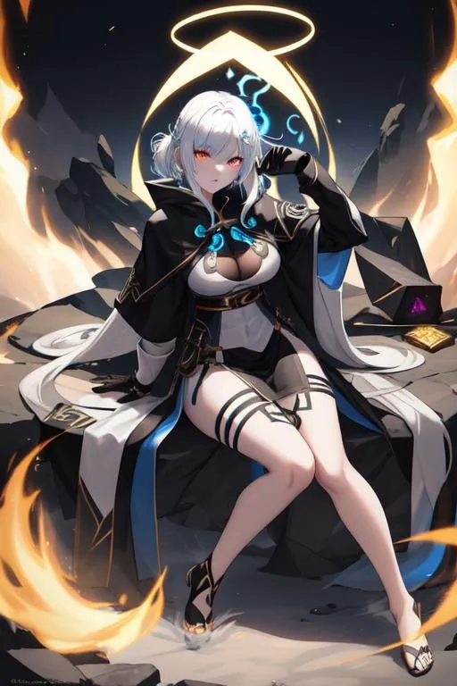 Prompt: ombre white hair, glowing runic eyes, fantasy, DnD assassin, black-gold assassin clothes, caught on blue fire, blue burning luminescence, blue fire burning on body, 16yo girl, fullbody, busty, pale skin, ((full body)) {{good looking}} {{cute}} {{good body}} {{tight}}, {{shadows}}, 