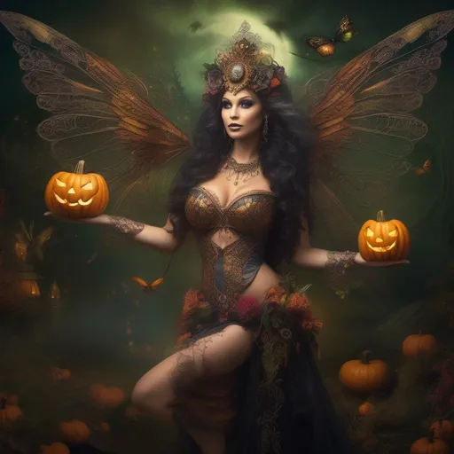 Prompt: (Masterpiece). (Dynamic). (Full body in shot). (Ultra-detailed depiction). (Beautiful and magnificent). (Epic Halloween night). (She's a (colorful), Steam punk, Belly dancer, Witch). A (spectacular), (intricate), winged,  (Cannabis) fairy), with {{(Anatomically real hands}}} A  buxom, shapely woman. (Vivid) (extremely bright eyes). Best quality. Absurd res. Enscape render. {She is wearing a skimpy (colorful) (gossamer) flowing outfit}. sharply focused. Concept art. Artstation