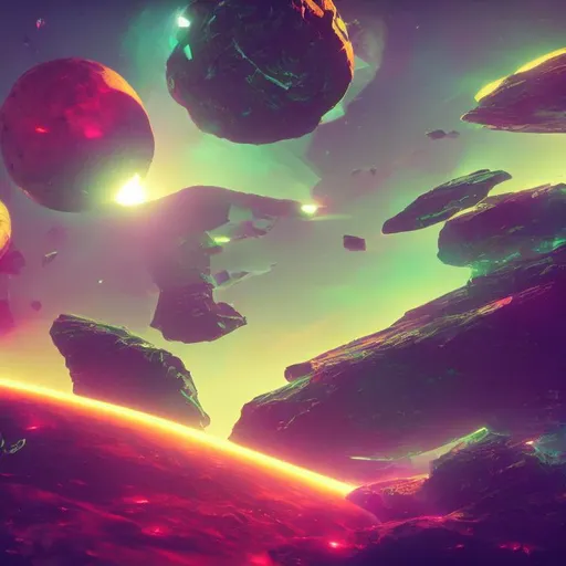 Prompt: broken ship in space floating by lush planet and twin suns, Splash art trending on Artstation triadic colors Unreal Engine 5 volumetric lighting detailed expansive color corrected color gradient