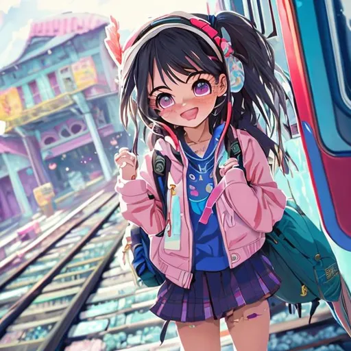 Prompt: anime girl ,captures her vibrant and free-spirited personality. Envision the girl in an anime style, wearing an outfit that reflects her cheerful nature and unique sense of fashion. Focus on her expressive eyes that exude confidence and playfulness. Surround her with elements that symbolize her adventurous spirit, such as a map, a backpack, and a train in the background. Incorporate a mix of bright colors and dynamic poses to convey her lively energy. Infuse the artwork with a blend of contemporary anime aesthetics and that girl's infectious enthusiasm for life."