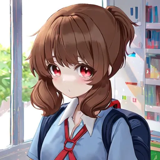 Prompt: School girl clothes her she is 14 in a school,Her hair is light brown in a pony tail. She is caring 3 books one red, one green, and one blue.A back pack on her back that is blue. 