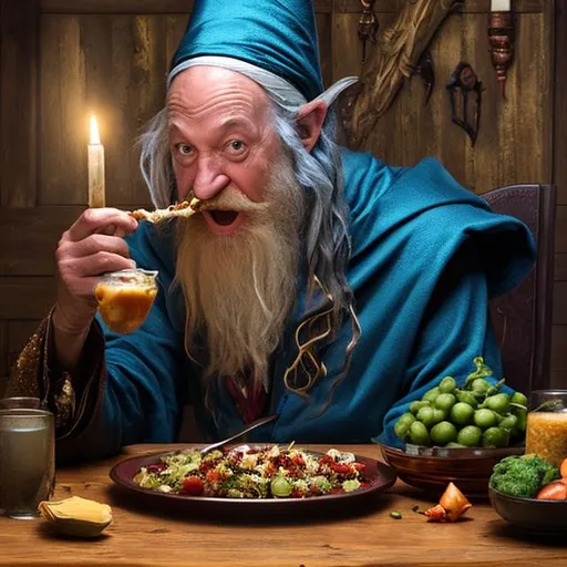 Prompt: Wizard eating dinner, it's gross
