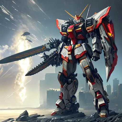 Prompt: Gundam, frame inversion, detailed face, large mech backpack, large mech shield, two large chainsaw sword in its hand, armored Core V Mech, hyperdetailed intricately detailed, unreal engine, fantastical, intricate detail, splash screen, complementary colors, concept art, 8k, cinematic, deviantart masterpiece,