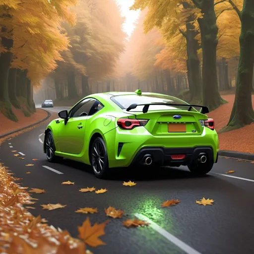 Prompt: A neon green 2022 Subaru BRZ with license plate Lu P·R882Z driving on a English road covered with falling leaves, with a nice road surface, creating a realistic, spectacular scene with exceptional clarity in 8K resolution