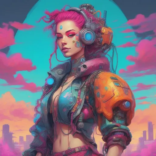 Prompt: A vibrantly and brightly coloured and colourful and beautiful head to toe Persephone as a cyberpunk woman with a robot arm, wearing boho clothes, with clouds for hair in a painted style