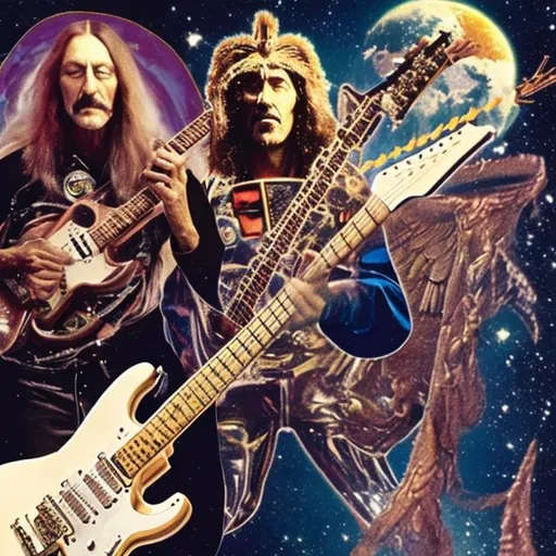 Prompt: actual photo of astronaut jesus playing guitar with all members of hawkwind, surprise me