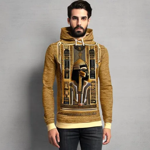 Prompt: Men's winter black wool sweatshirt inspired by the ancient Pharaonic civilization and written on it in golden color in the ancient Egyptian language I am Egyptian