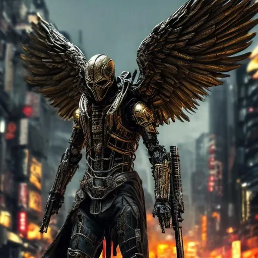 Prompt: Gold assassin winged angel. 4k
. Full body. Imperfect, Gritty, Todd McFarlane style futuristic army-trained. Bloody. Hurt. Damaged. Accurate. realistic. evil eyes. Slow exposure. Detailed. Dirty. Dark and gritty. Post-apocalyptic Neo Tokyo .Futuristic. Shadows.