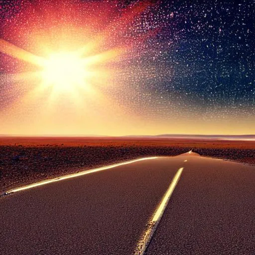 Prompt: evening,road into the horizon, desert, sun, centered, relaxing, landscape, , dark colors, highly detailed, trippy 