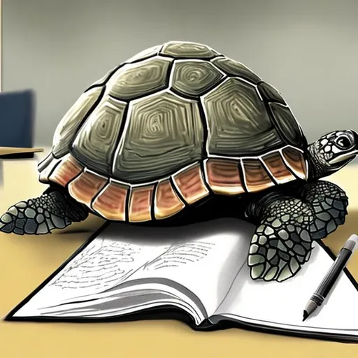 Prompt: A turtle studying hard at school