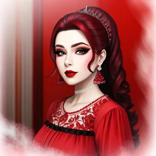 Prompt: Ruby ladylady, all in red, pretty makeup, elegant, nice clothes, facial closeup