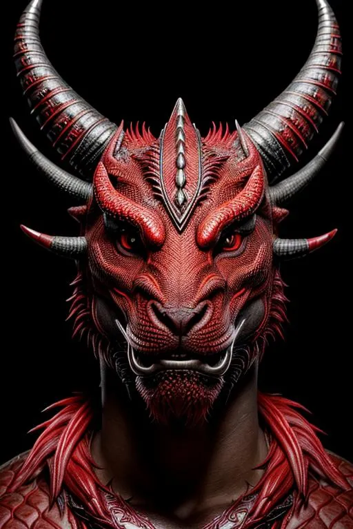 Prompt: Photorealistic Red Dragon, Red Skin and eyes, Black markings on his face, Black horns with red tips,  Intricately Detailed, Hyper Detailed, Hyper Realistic, Volumetric Lighting, Beautiful coloring and face detail