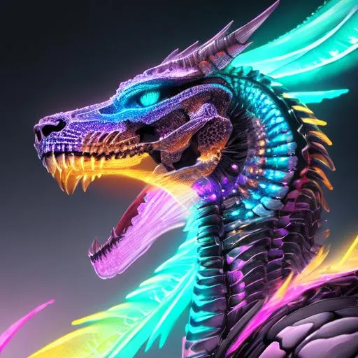 Prompt: Watercolor portrait of a roaring neon skeleton dragon with iridescent black markings and a cute face, perfect composition, hyperrealistic, super detailed, 8k, high quality, trending art, trending on artstation, sharp focus, studio photo, intricate details, highly detailed, by greg rutkowski, illustration, watercolor