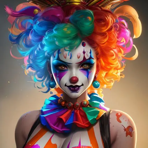 Prompt: A beautiful woman in a colorful clown outfit. Clown makeup on face. Circus background. 8k resolution concept art by Greg Rutkowski dynamic lighting hyperdetailed intricately detailed Splash art trending on Artstation triadic colors Unreal Engine 5 volumetric lighting Alphonse Mucha WLOP Jordan Grimmer orange and teal