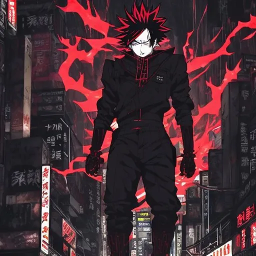 Prompt: Black and neon red. Accurate todoroki villain. Blood and fire. Very Dark image with lots of shadows. Background partially destroyed neo Tokyo. Noir anime. Gritty. Dirty