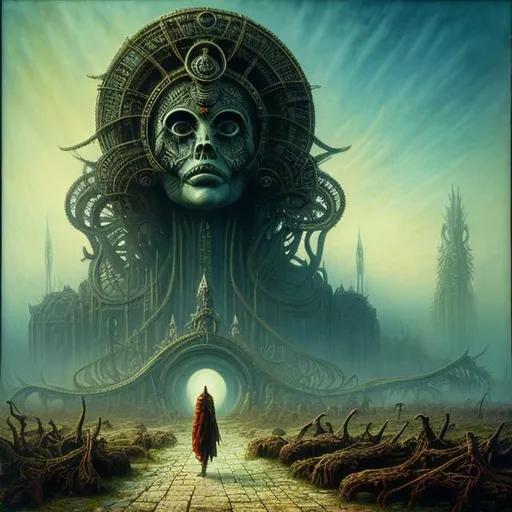 Prompt: beautiful survivor lady with stunning eyes, strange shapes in the sky, post-apocalyptic, druid, fantasy, dungeons & dragons, h.r. giger, Zdzisław Beksiński, mad max, lady