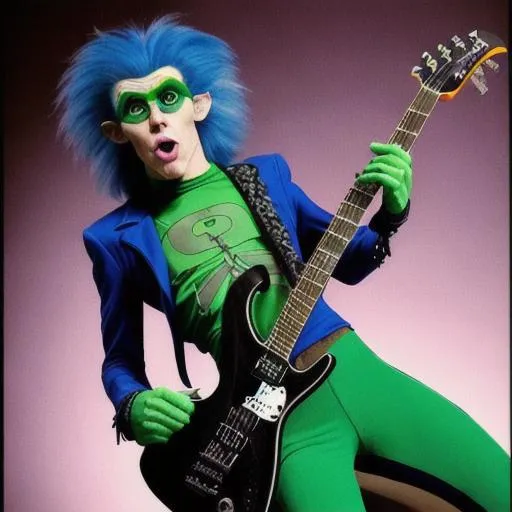 Prompt: Blue Haired Monkey, Guitar, Rocker, Sleek 80s, Twainted, Riddler Green ?, Jackal Nexus