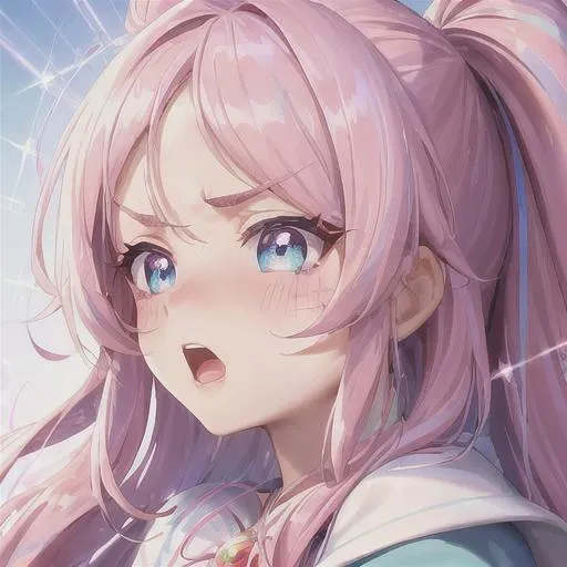 Prompt: confused expression, expressive face, worried eyebrows, yelling, clumsy girl, super detailed closeup portrait shot of a girl with a wand, magical girl, pink hair with blue and white streaks, detailed sparkling pink and blue eyes, 