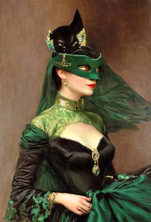 Prompt: portrait of beautiful woman with catwoman mask in a dark green designer couture dress, extreme detail, by Maurice Sendak and Ilya Repin, artstation