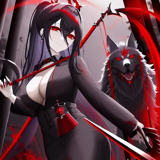 Prompt: A world of Darkness, Divine, Other worldly, blinding, female, crazy, red eyes, holding a reaper scythe, blood on face, 1 person, psychotic smile, Black hair, wolf cut, E cup, 