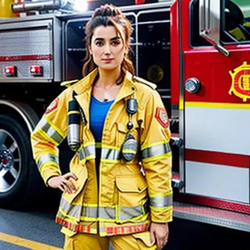 Prompt: Full body Cote de Pablo as super hot fire fighter open unbuttoned 