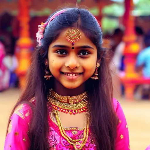 Prompt: A beautiful fair girl with Indian traditional pink dress, with a bindi, long hair, cute smile, 
