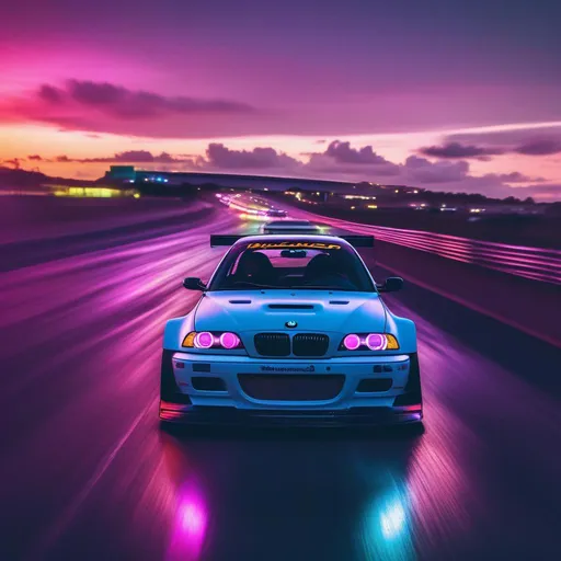 Prompt: 2001 BMW M3 E46 GTR, synthwave, aesthetic cyberpunk, miami, highway, dusk, neon lights, coastal highway, dusk, neon lights, coastal highway, sunset, drift, nurburgring