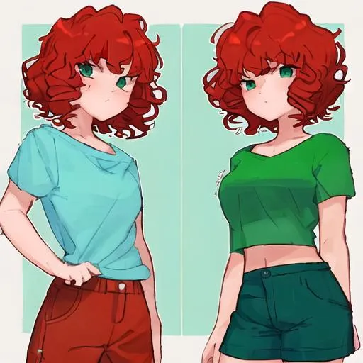Prompt: A girl with short curly red hair. With green shorts and A Light blue T-shirt. 