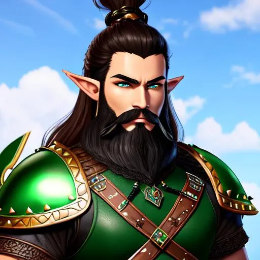 Prompt: A Elf wearing a brown and green viking/Ancient Persian style studded leather armor. black hair, black beard, green eyes.