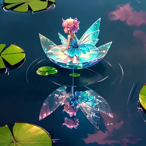 Prompt: "A tiny fairy perched on the edge of a crystal-clear pond, her wings shimmering like glass. Surrounding her are glowing lily pads, and her reflection dances in the water under a soft pink and blue twilight sky."