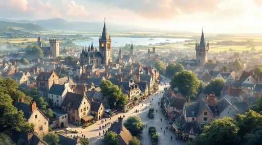 Prompt: A big medieval English harbour city viewed from a bird's-eye perspective under a soft pastel-colored sky. Gentle pinks, lavenders, and mint greens wash over quaint stone cottages with thatched roofs, winding cobblestone streets, and bustling market squares. Delicate wisps of mist drift through the scene, enhancing the enchanted atmosphere. Warm, diffuse sunlight bathes the town, casting long shadows and highlighting the charming details of the architecture. Some fields and the coastline surrounding the city, blending seamlessly into the scenic countryside. The overall mood is whimsical and serene, captured in a dreamy watercolor illustration style with pastel tones and cinematic lighting.