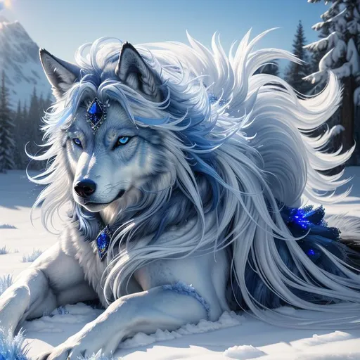 Prompt: (masterpiece, professional oil painting, epic digital art, best quality, highly detailed:1.5), extremely beautiful blue wolf, (canine quadruped), female, adolescent, ice elemental, deep royal blue fur covered in frost, (bashful hypnotic sapphire blue eyes), 8k eyes, sprawled on frosted field, insanely beautiful, gorgeous billowing silver mane covered in frost, (plump:2), brightly glistening fur, thick silky glistening mane, by Anne Stokes, by Yuino Chiri, mid close up, detailed smiling face, finely detailed fur, hyper detailed fur, (soft silky insanely detailed fur), moonlight beaming through clouds, grassy field covered in frost, fluffy fox ears, highly detailed mouth, cool colors, beaming sun, professional, symmetric, golden ratio, unreal engine, depth, volumetric lighting, rich oil medium, (brilliant auroras), (ice storm), full body focus, beautifully detailed background, highly detailed defined furry legs, cinematic, 64K, UHD, intricate detail, high quality, high detail, masterpiece, intricate facial detail, high quality, detailed face, intricate quality, intricate eye detail, highly detailed, high resolution scan, intricate detailed, highly detailed face, very detailed, high resolution