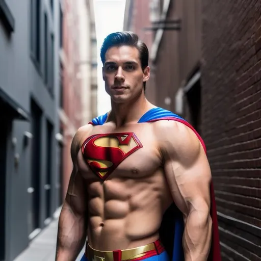 Prompt: Bodybuilder Karl Kasper, as superman, in front of alleyway 