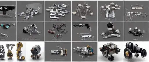 Prompt: neatly-organized collection of detailed robot components