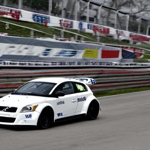 Prompt: Race 2009 Volvo C30, zoomed out, white with livery