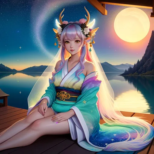 Prompt: painting of a beautiful girl, style of Yoshitaka Amano and Pixar, (messy pastel hair), arms showing, legs showing, dusk, sunset, ((sunset at the lake)), bioluminescent, veils, (wearing intricate kimono), (white stag horns),  (fluffy white ears), stars, ((yggdrasil in the background)), world tree, night sky, delicate, teal, pink, orange, black, bright colors, soft, silk, threads, ethereal, nebula, galaxy, luminous, ribbons, 3D lighting, soft light