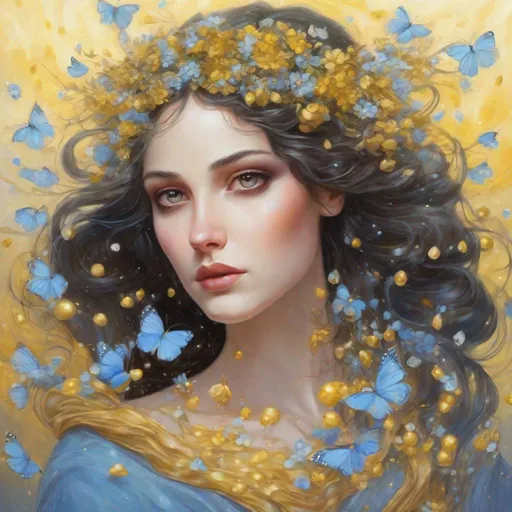 Prompt: A beautiful and colourful Persephone whose brunette hair is made of clouds that rains down forget-me-not flowers and baby's breath flowers made of jewels, while chickadees fly around her; in a painted style with yellow eyes, golden shiny skin