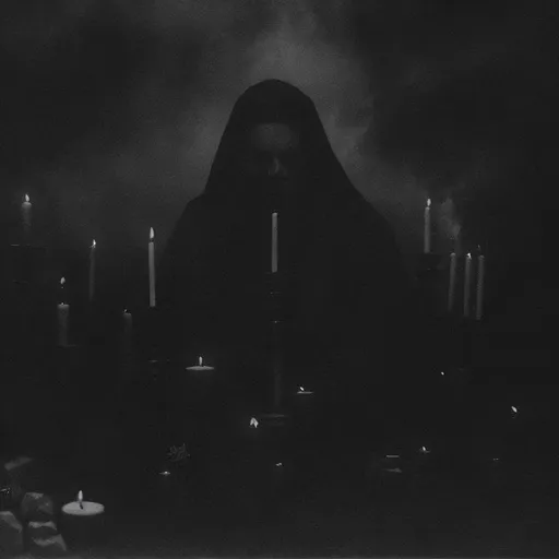 Prompt: High quality artwork for a black metal album. Elegy for the Dead Silent Remains. dead priests praying around the fog. surrounded by candles.