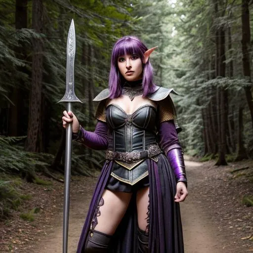 Prompt: female half-elf warrior, goth makeup,  short purple hair, ultra high res, 8k, ultra fine details, forest background, bokeh, full length body, renaissance fair attire