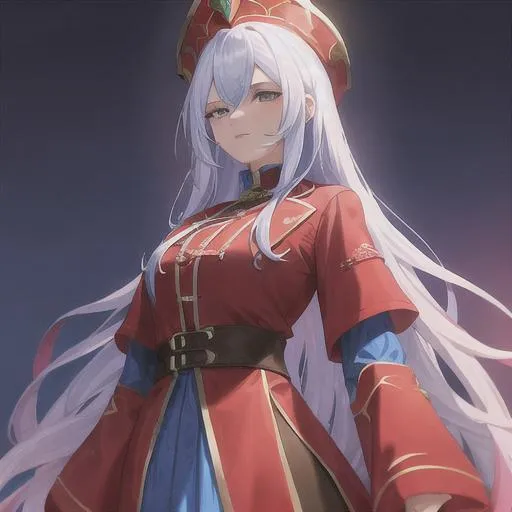 Prompt: A lady from medevil times her peasant cloths are blue shirt underneath and a red jacket over top she has long white hair and looks amazing