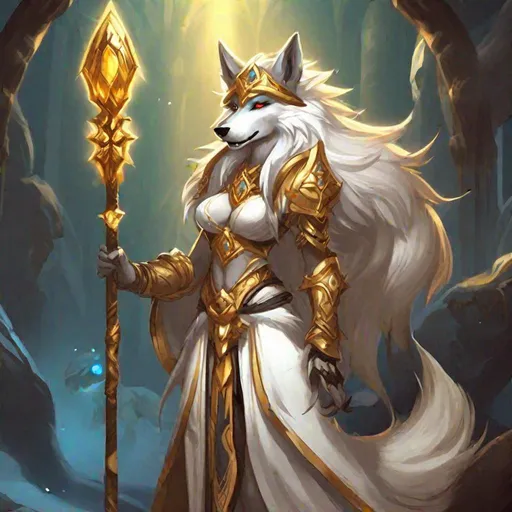 Prompt: (((furry anthropomorphic wolf female priestess with long hairs dressed in light fantasy white vest and tiara))), (((standing and holding a golden staff))), (((worgen female))), (((bronze fur))), hand on hip, furry art, ((world of warcraft style art)), (((a single character))), (((detailed hands))), (((detailed fingers))), (((five fingers hands))), wearing gloves, highly detailed fur, high quality, D&D inspired, ((full body picture)), (((furry body))), furry face, long hairs, digital art, high details, five fingers, (((realistic art))), dark eyes, intricate eye detail, black eyeliner, leather belt, necklace, watching at the viewer, candles, throne room, winter background, epic scenery