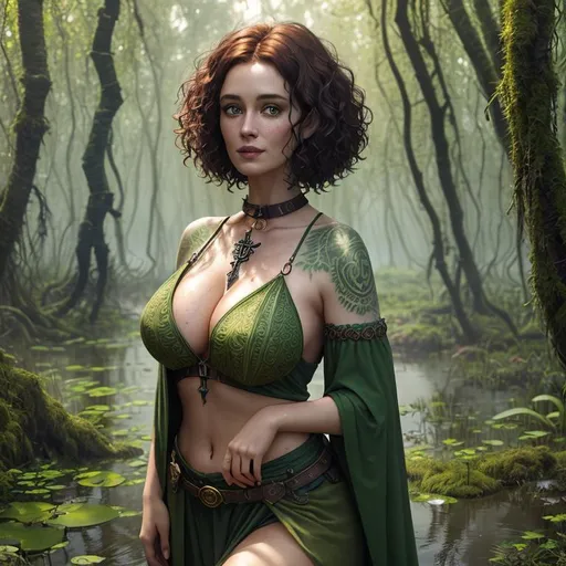 Prompt: curly short hair, swamp witch, female druid, in a bog, green tattoos.of trees and runes along her collar bone, cackling, beautiful girl, detailed symmetrical face, she looks like a cross between Christina Hendricks and Lily Munster, she is happy, hyper realistic, 4k photo, she is making eye contact, alive, freedom, soul, digital illustration, comic style, cyberpunk, perfect anatomy, centered, approaching perfection, dynamic, highly detailed, watercolor painting, concept art, smooth, sharp focus, illustration, art by Carne Griffiths and Wadim Kashin, full body