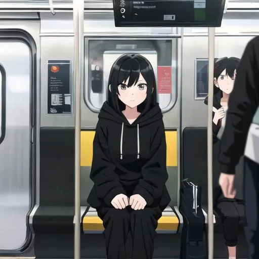 Prompt: girl with black hoodie black hair on the subway, baggy pants, sitting on the metro, cross legged, crossed legs, looking into the camera, long shot, full body, front view
