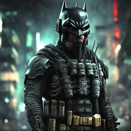 Prompt: Redesigned Gritty black and dark green futuristic military commando-trained villain batman. Bloody. Hurt. Damaged mask. Accurate. realistic. evil eyes. Slow exposure. Detailed. Dirty. Dark and gritty. Post-apocalyptic Neo Tokyo with fire and smoke .Futuristic. Shadows. Sinister. Armed. Fanatic. Intense. 